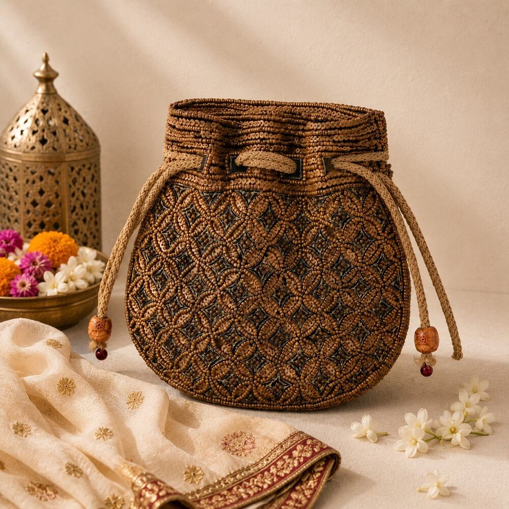 Vintage Indian Wooden Beaded Drawstring Boho Pouch Bag Festival Artisan Purse